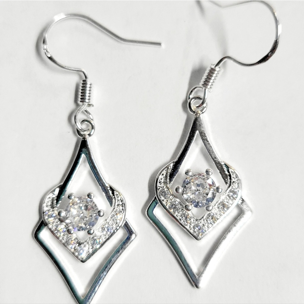 Sterling Silver Heart Zircon Drop Dangle Earrings - Picture 3 of 4